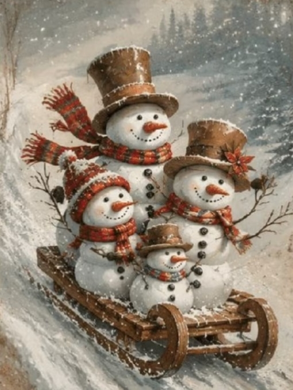 Festive Snowman Family Holiday Wall Art - Red Scarves 8x10 Print